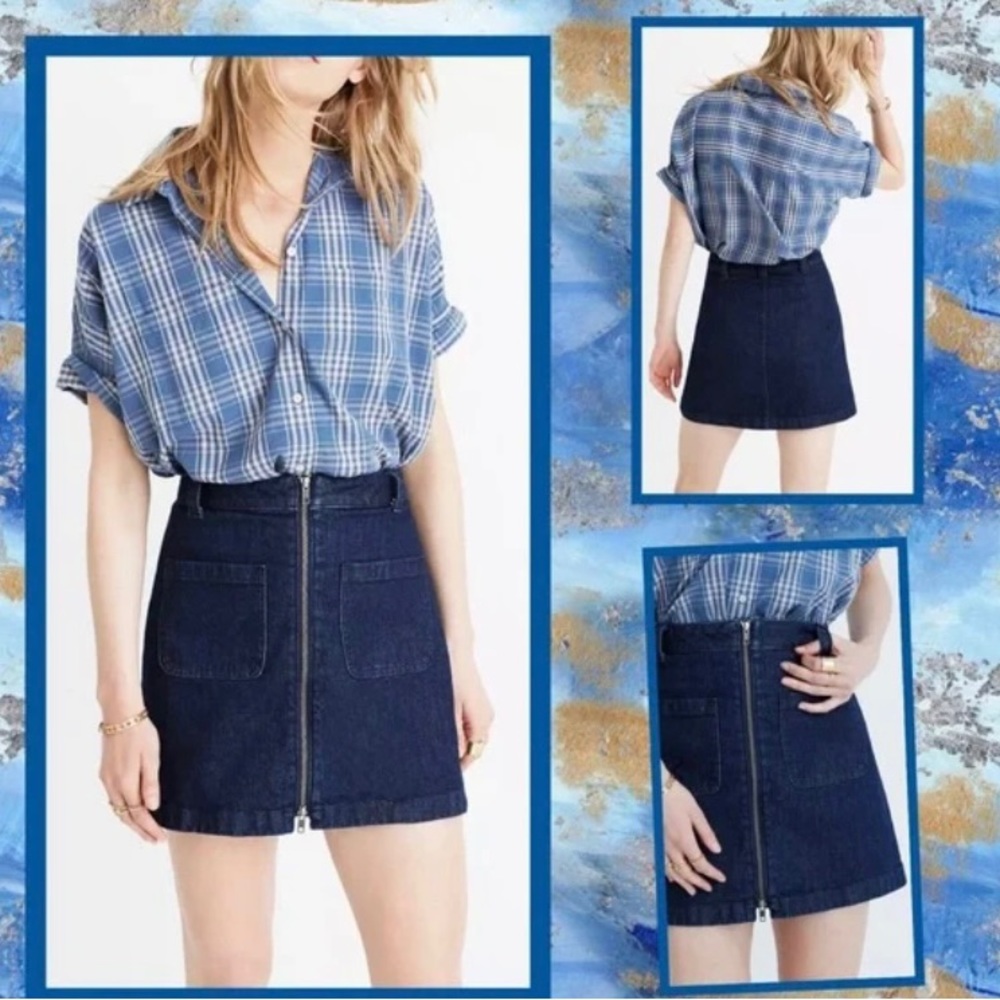 Madewell Denim Mini Skirt Front Zip Mod Retro Dark jean Pockets Size 32